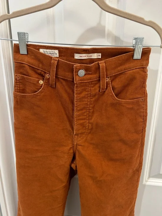 Levi's Premium Ribcage Flare Corduroy Pants Burnt Orange Rust High Rise Size 24 - Picture 7 of 15